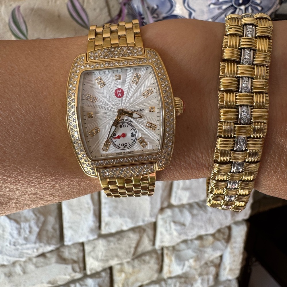 $3999 Michele Diamond Swiss Watch 0.74 CT TW Gold Stainless Steel Sapphire MW02